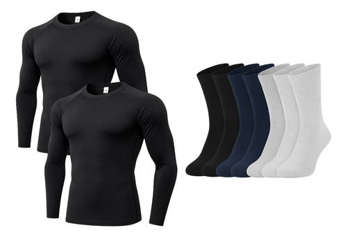 Kit Conjunto Térmico Remera X 2 + Medias Térmicas X 6 Pares Xxl Negro