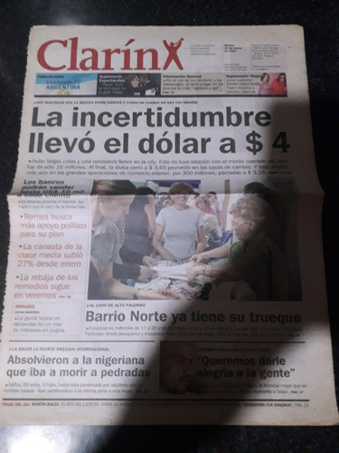 Tapa Diario Clarín 26 3 2002 Trueque Economía Dolar 