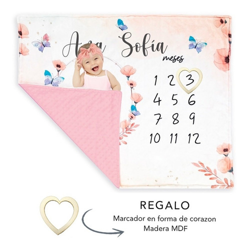 Frazada Bebé Personalizada Meses Reversible Cobija Suave