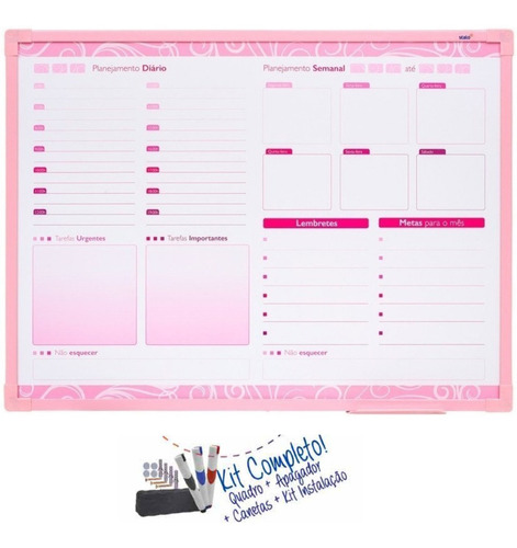 Quadro Planner Rosa Semanal 80x60 Mdf Stalo Kit Completo