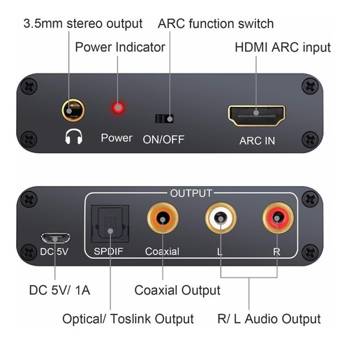 Conversor Extractor De Audio Hdmi Arc A Optico Coaxial Y Rca