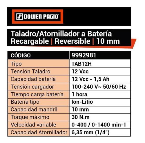 Taladro Atornillador Bateria 10 Mm 12v Dowen Pagio 9992981 Color Naranja Frecuencia 50/60