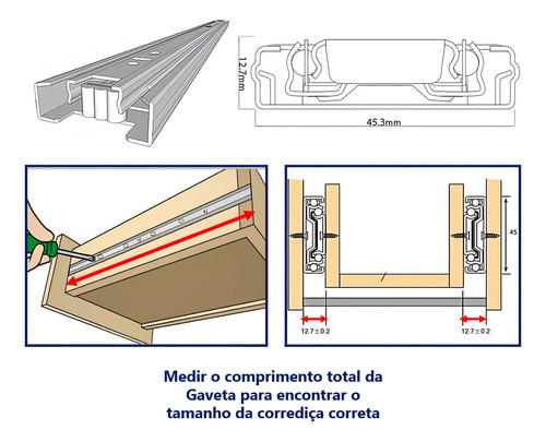 Par De Corrediça Telescópica 35cm Reforçada 45kgs O Par Cor Prateado