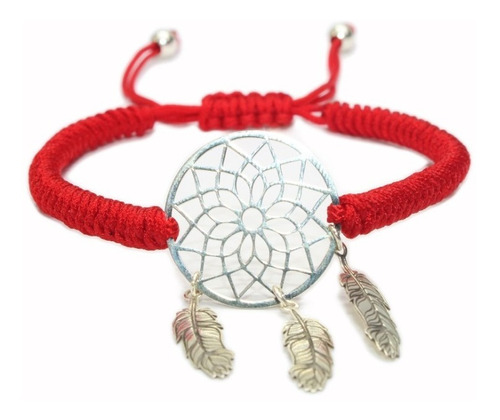 Moderna Pulsera Hilo Chino Rojo Y Atrapasueño Plata  B239