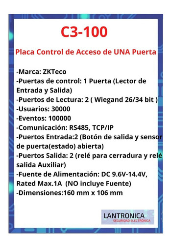 Imagen 2 de 6 de Placa Control 1 Puerta C3100 Zkteco Rfid Wiegand Acceso