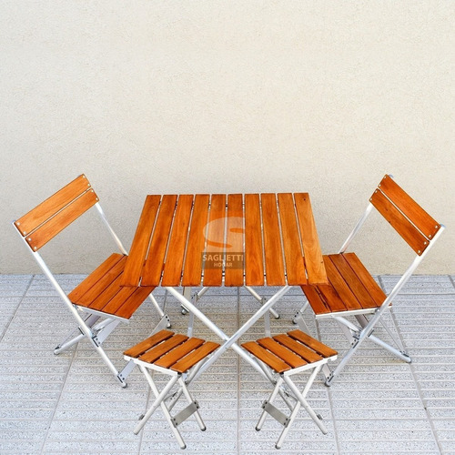 Imagen 4 de 10 de Mesa Plegable Aluminio Madera 75x66 + 2 Sillas + 2 Bancos