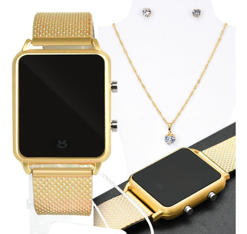 Kit Relógio Feminino Dourado Silicone Digital Led