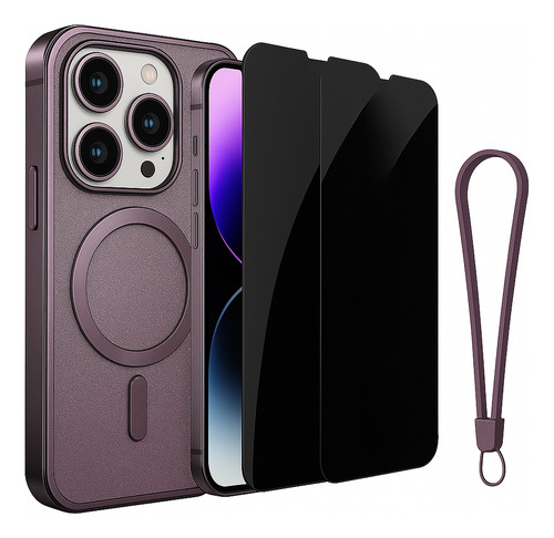 Funda Case Magsafe Correa + 2 Micas Privacidad Para Iphone Violeta Oscuro Iphone 13 Pro