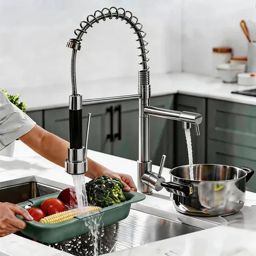 Torneira Cozinha Retrátil Dupla 360° Flexível Inox Premium Prateado