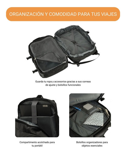 Mochila Viaje Carry On Porta Notebook Expandible 30l Daza Mibag24bk Equipaje De Mano Cabina Avion Con Puerto Usb Ideal Para Viajes Negocios - Negro