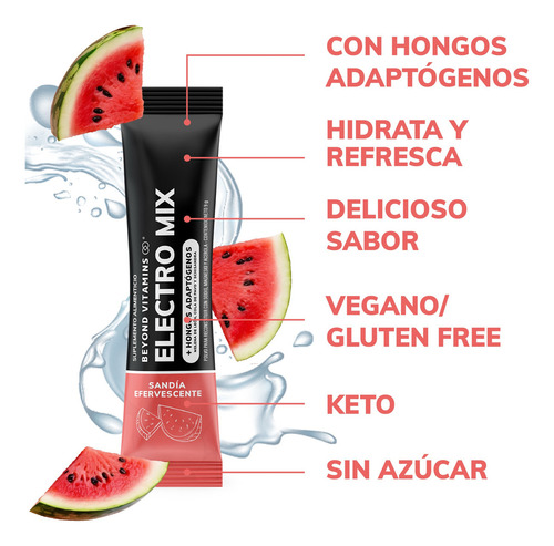 Electrolitos Con Hongos Sin Azúcar En Polvo Beyond Vitamins | Hidratación Baja En Calorías, Apto Dieta Keto | 20 Sticks, Sabor Sandía Efervescente