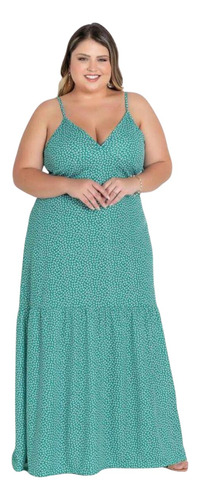 Vestido Longo De Alças Com Babado Plus Size Feminino