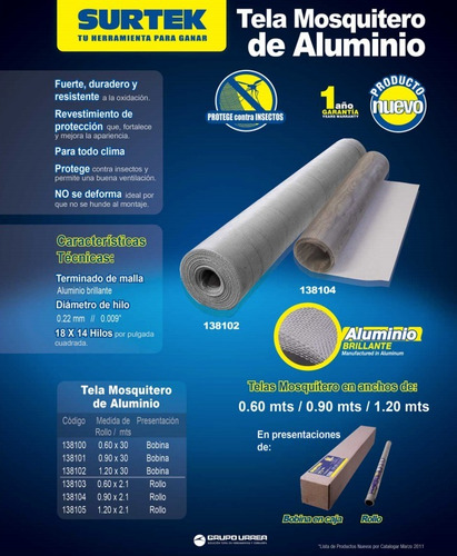 Rollo De Tela Mosquitera Aluminio Surtek 138100