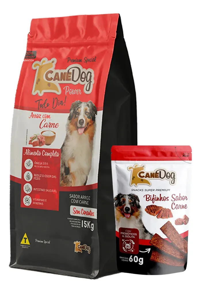 Kit Ração Cachorro Premium Carne 15kg + Bifinho 60g Canedog