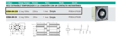 Relé Extraíble Temporizado 0.1-100h 220v Tbcin H3ba-8h-220
