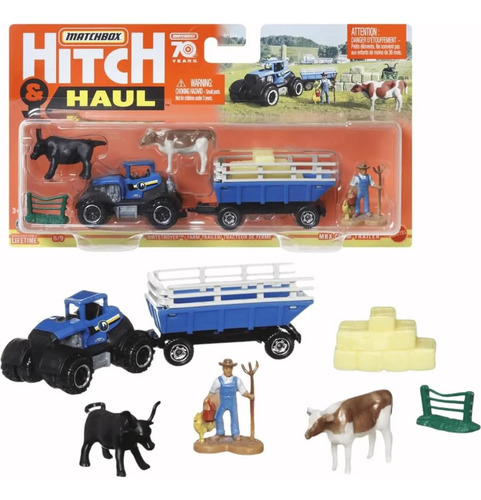 Conjunto Miniatura Fazenda Trator Matchbox Hitch & Haul Mbx