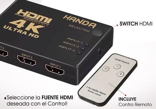 Switch Hdmi 3x1 4k Selector Multiplicador + Control Remoto