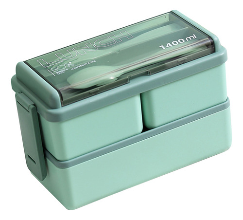 Bento Box De Dos Capas, Color Verde, Con Separador, De Plást