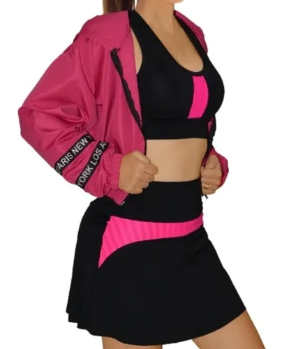 comprar Conjunto Academia Jaqueta Corta Vento Top Cropped Short Saia