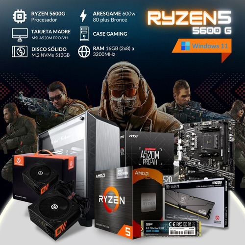 Computadora Pc Gamer Ryzen5 5600g/ 16gb Ram/ Ssd 512gb