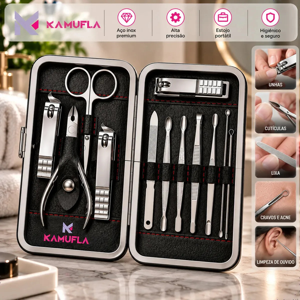 Kit Cortador De Unha Portátil Estojo Alicate Manicure 12 Pç Desencravador De Unha Manicure Alicate Lixa Profissional Tesoura Empurrador De Cutículas Pinça Portátil Dobrável