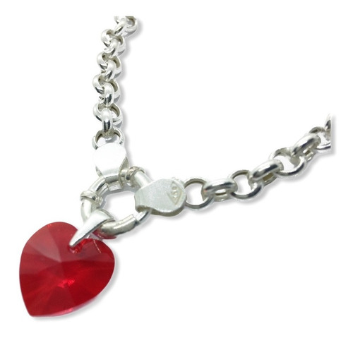 Pulsera Rolo Plata 925 Con Dije Cristal Corazón De 14 Mm  