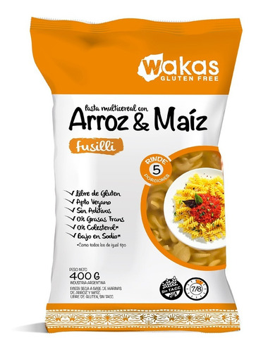Pasta Multicereal Arroz Y Maíz Fusilli Wakas Sin Tacc 400 Gr