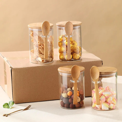 Para Juego De 4 Tarros De Cristal Con Tapas De Bambú Y