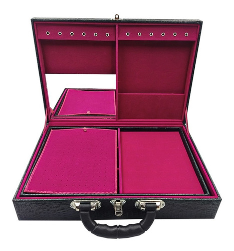 Imagem 2 de 7 de Estojo Duplo Grande Preto Com Interno Pink Maleta Para Joias