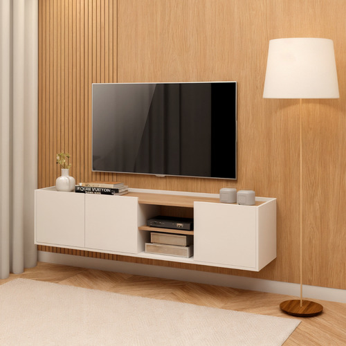 Rack Tv Suspenso Ate 55 Polegadas Para Sala Home Multiuso Branco/amadeirado