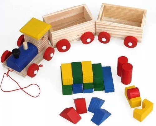 Imagen 2 de 3 de Trencito De Madera Didactico Con Bloques Encastre Construir