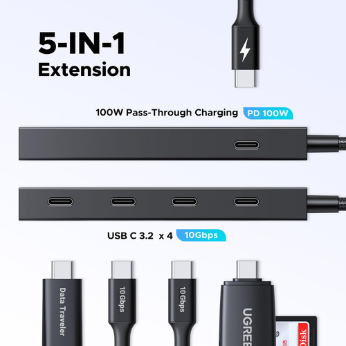 Hub Usb C Ugreen Pd 100w 10 Gbps 5 Em 1 Com 4 Usb-c 3.2