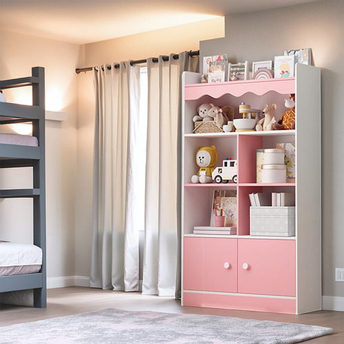 Librero De Madera Moderno Para Niños Con 4 Pisos Y 2 Puertas Rosa