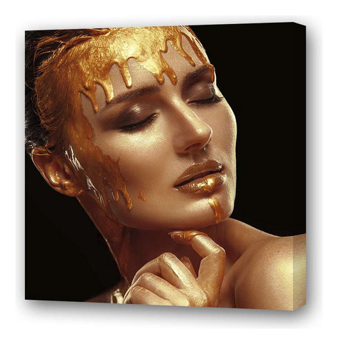 Cuadro 60x60 Cm Mujer Oro Maquillaje Posando Rostro Gold