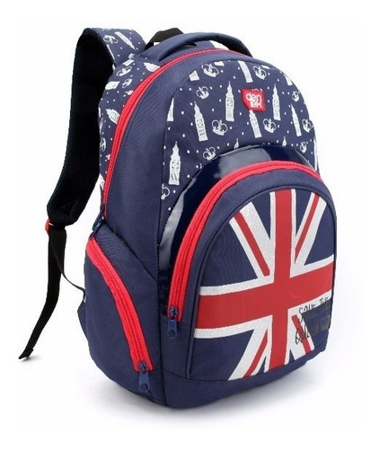Mochila universitaria para mujer Dl0196 con banderas de EE. UU. y el Reino Unido, color azul