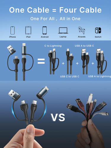 Cable De Carga 4 En 1 Adaptador Usb C Iluminado A Usb C 60 W