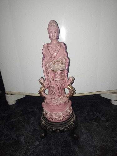 Figura Estatua Porcelana Oriental Mujer Con Pedestal Antigua