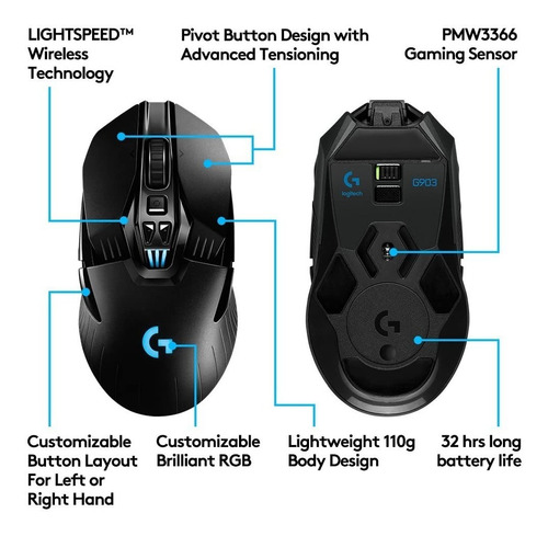 Imagen 9 de 11 de Mouse gamer de juego inalámbrico recargable Logitech G Series Lightspeed G903 negro