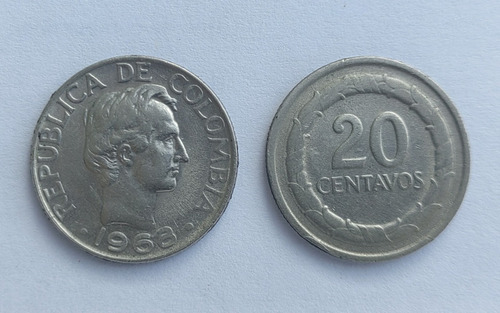 Moneda Colombia 20 Centavos 1968
