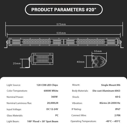 Barra De Luz Led Ultra Delgada De Doble Fila De 20 Pulgadas,