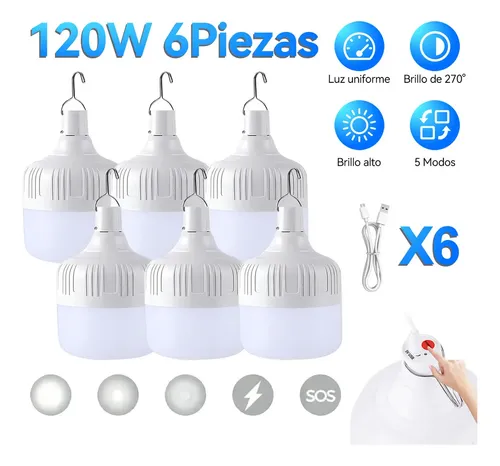 Naiwant 6pzs Extra Brillante Lámpara De Emergencia 120w Recargable Usb Foco Led Color Luz Blanca Lámpara Blanco Frío 5 Modos De Iluminación Para Uso En Interiores, Exteriores, Acampadas Y Fiesta