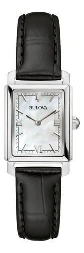 Reloj Bulova Mujer 96l330 Time Square Correa Negro Bisel Plateado Fondo Madreperla Blanca