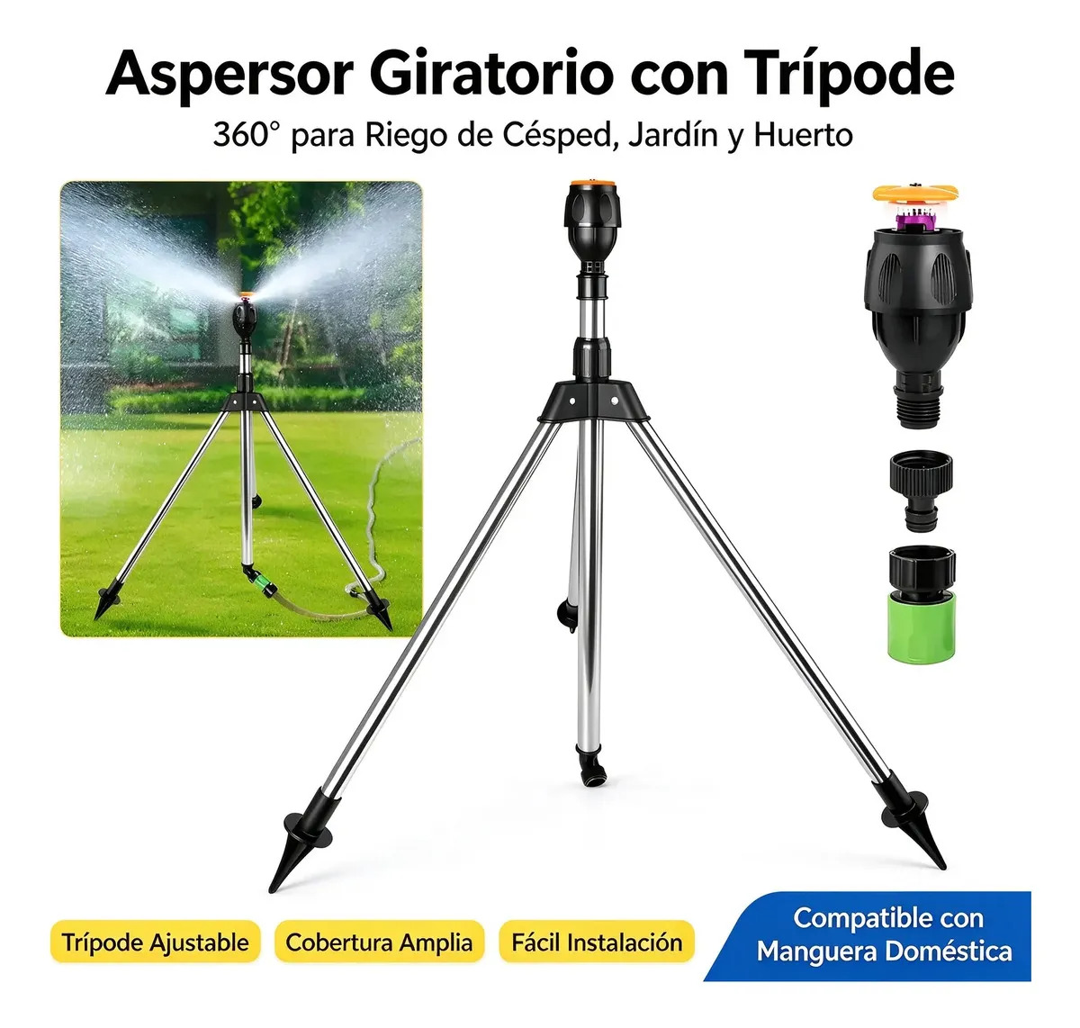Aspersor giratorio automático de 360°, funciona con presión de agua sin necesidad de electricidad. Ideal para riego de césped, jardín y huertos domésticos.