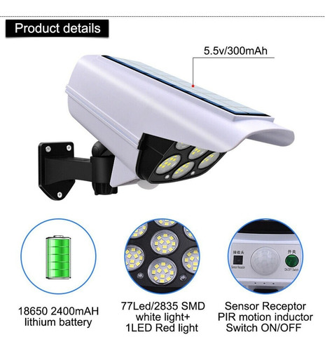 Camara Ip Falsa Reflector Solar Sensor Movimiento Control Color Blanca
