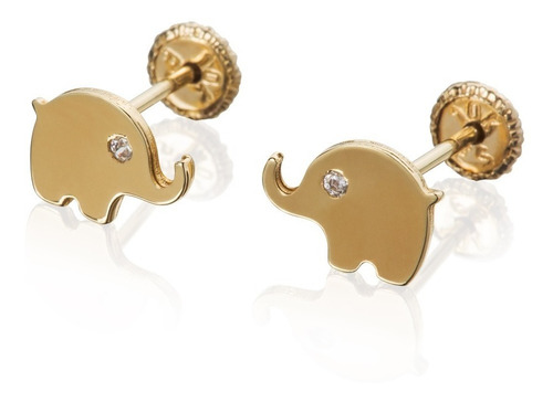Aretes De Oro 14k Broquel Circonia Elefante Baby Giallo