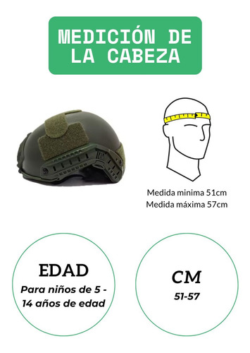 Casco Táctico Militar Con Lampara Recargable Para Niño Verde Lampara Y 3 Parches