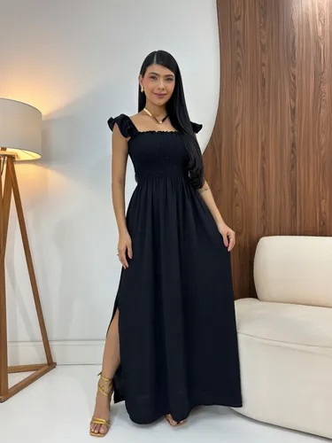 Vestido Longo Feminino Casual Lastex Alcinha Fenda Barato