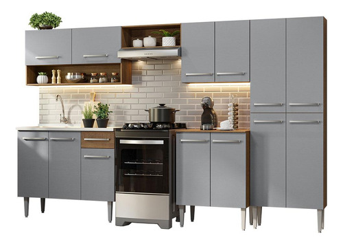 Armário De Cozinha Completa 293cm Com Pia Emilly Madesa 09 Cor Rustic/cinza