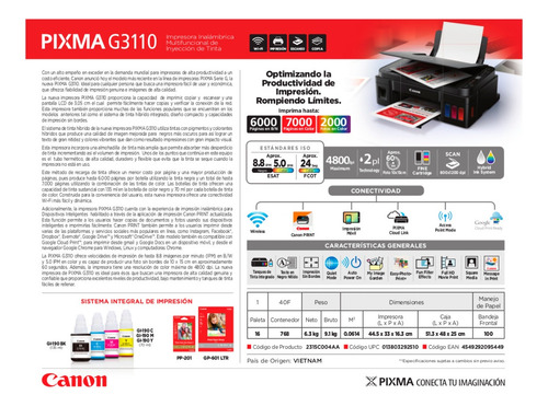 Impresora Multifuncion Wifi Canon G3110 Tinta Continua