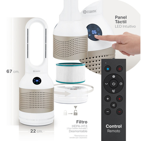 Ventilador Purificador Calentador 3 En 1 Esquimal, 8 Velocidades, 3 Niveles De Calefacción, Temporizador, (Chico, Dorado - Blanco)